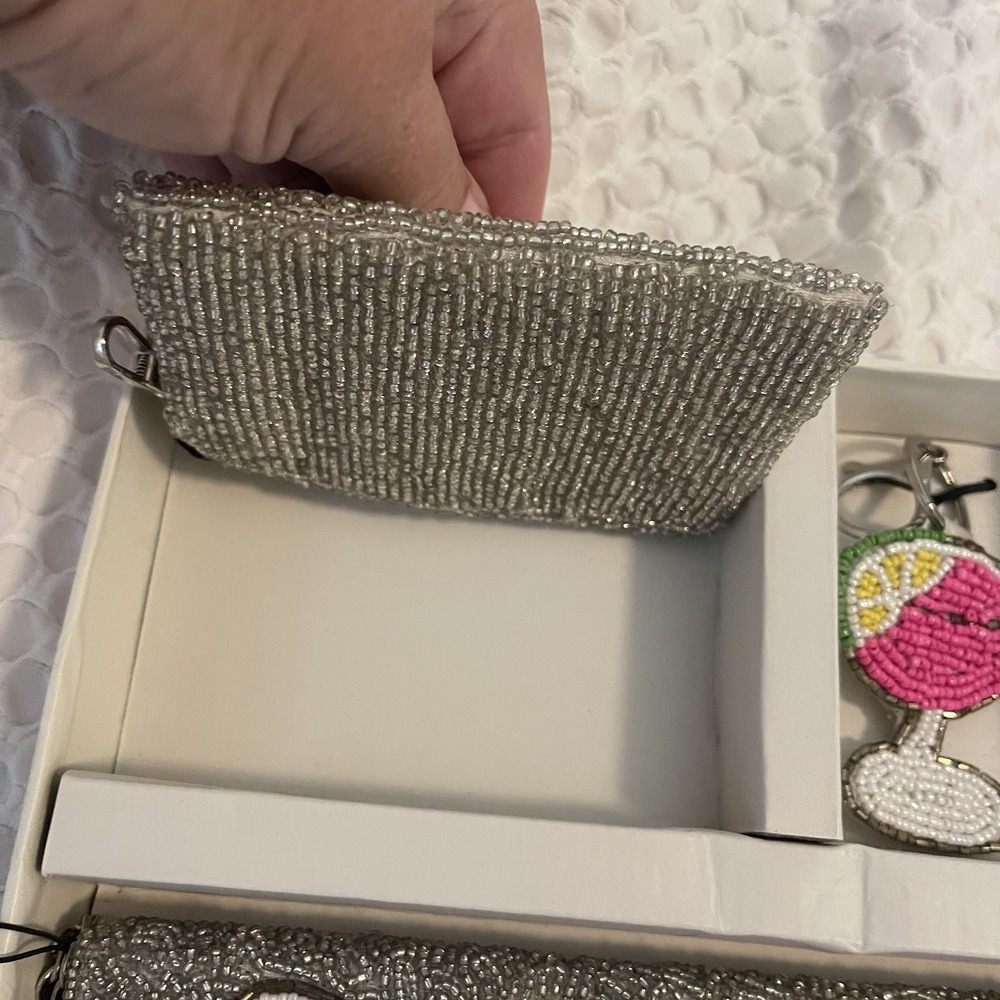 Rachel Zoe Clutch Purse W/Strap 3 PC Set Card Case & Charm Silver Martini Beaded - Picture 6 of 9